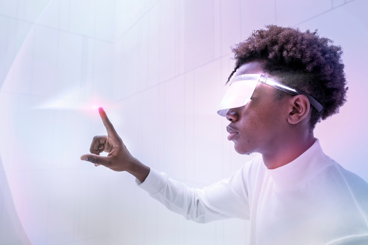 Free Photo virtual assistant technology circle with black man using transparent screen digital remix