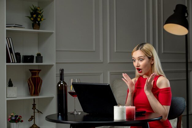 Virtual love cute blonde girl in red dress on distance date with wine shocked