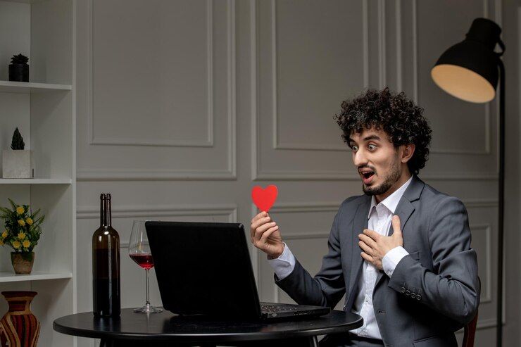 मुफ़्त फोटो virtual love handsome cute guy in suit with wine on a distance computer date shocked excited