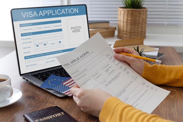 Visa application composition with europe and america flag