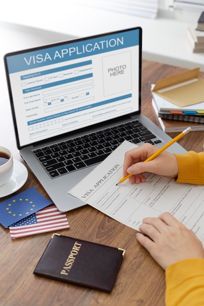 Visa application composition with europe and america flag