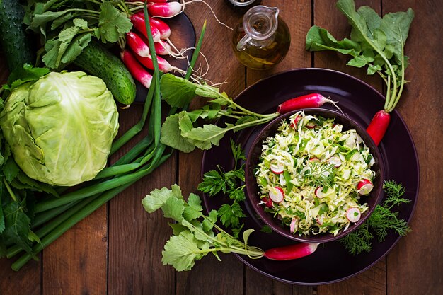 Vitamin salad of young vegetables: cabbage, radish, cucumber and fresh herbs. Top view