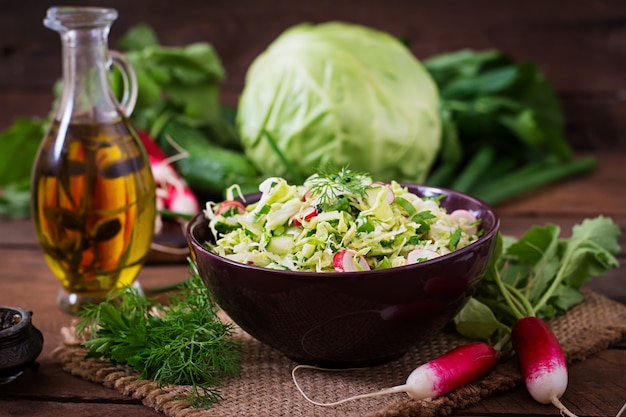 Vitamin salad of young vegetables: cabbage, radish, cucumber and fresh herbs