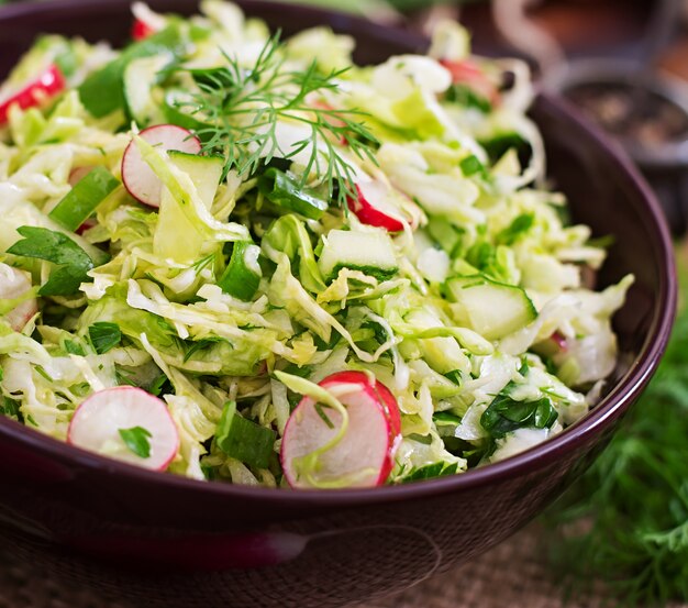 Витаминный салат из молодых овощей: капуста, редька, огурец и зелень