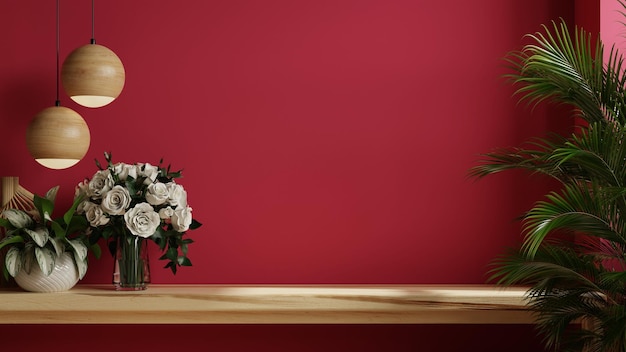 Viva magenta wall panelling with wooden shelf in kitchen room