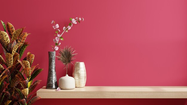 Viva magenta wall panelling with wooden shelf in kitchen room