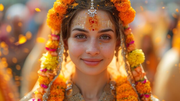 Foto gratuita ritratto a colori vivaci di una donna alla celebrazione del navratri