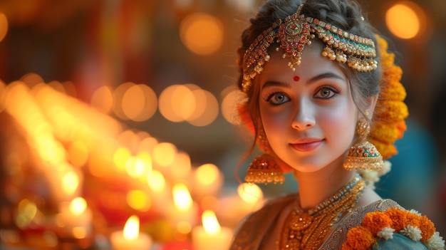 Foto gratuita ritratto a colori vivaci di una donna alla celebrazione del navratri