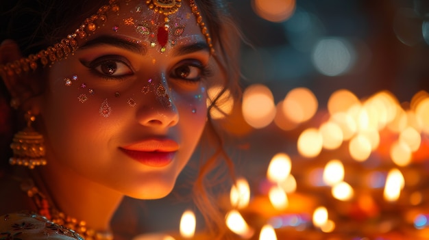 Foto gratuita ritratto a colori vivaci di una donna alla celebrazione del navratri