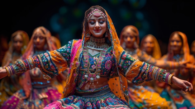 Foto gratuita ritratto a colori vivaci di una donna alla celebrazione del navratri