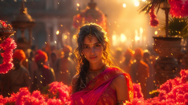 Foto gratuita ritratto a colori vivaci di una donna alla celebrazione del navratri