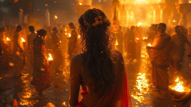 나브라트리 축제 에 참석 하는 여자 의 생생 한 색상 의 초상화