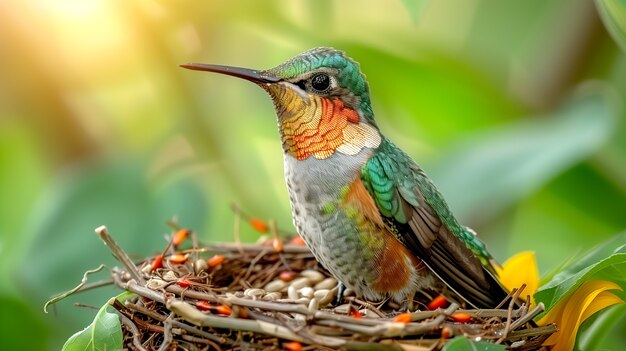 Vividly colored hummingbird in natural environment