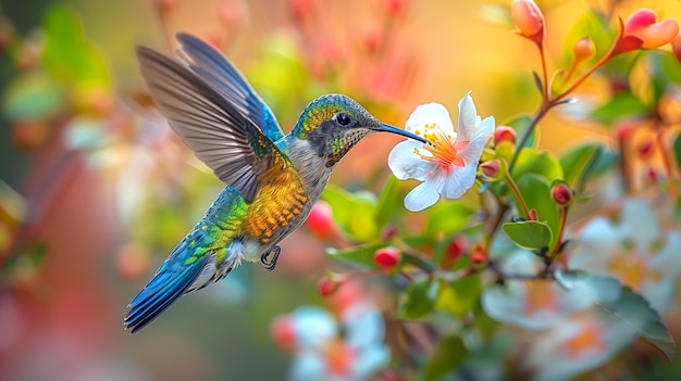 Vividly colored hummingbird in nature