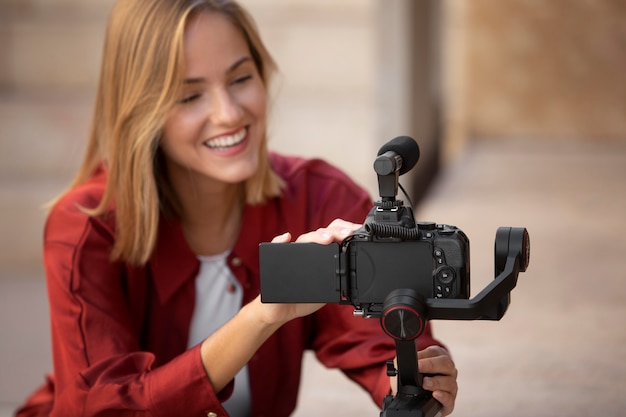 Foto gratuita vlogger in streaming in viaggio