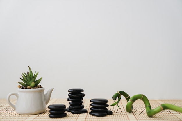 Volcanic stones, flower pot and bamboo