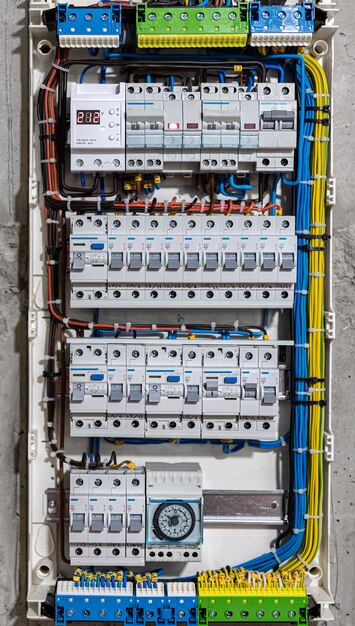 Voltage switchboard with circuit breakers are in the ON and OF positions in the big electric box for electrical distribution panel, and temporary electric cables are switched.