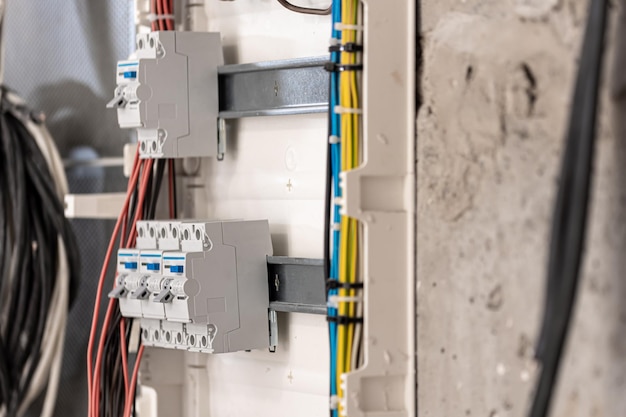 Voltage switchboard with circuit breakers close up