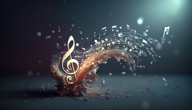 Объемный музыкальный фон со скрипичным ключом и нотами, генерирующим AI