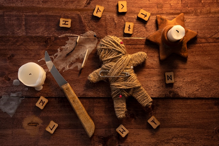Free Photo voodoo doll and esoteric elements flat lay