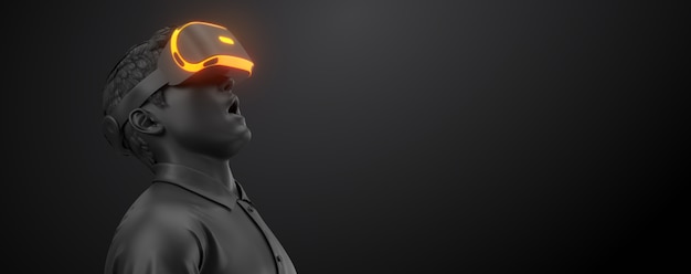 Vr-гарнитура, техника. 3d визуализация человека в очках виртуальной реальности на черном фоне.