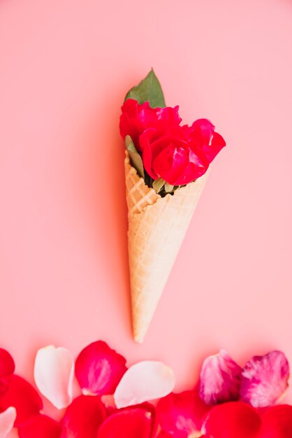 Wafer cup with vinous bloom near pile of petals