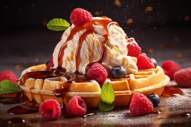 Foto gratuita colazione di waffle e gelati con frutta sana e gustosa