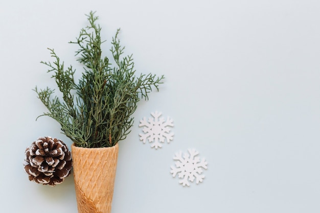 Free photo waffle cone with green branches and cone