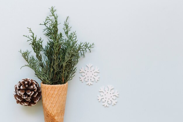 Waffle cone with green branches and cone 