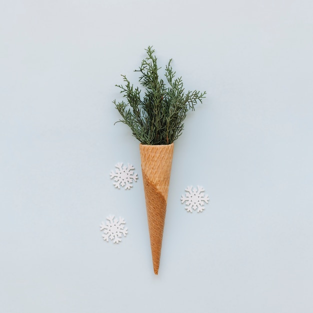 Waffle cone with green branches 
