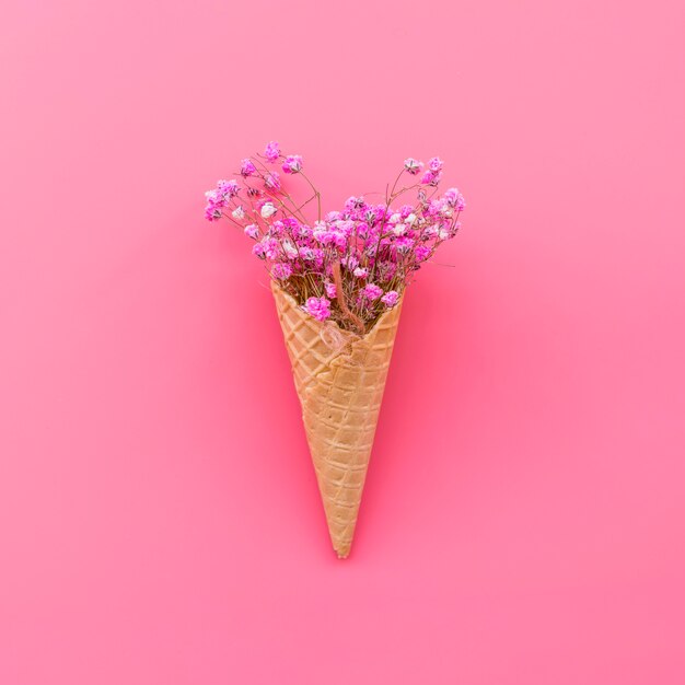 Waffle cone with pink flowers