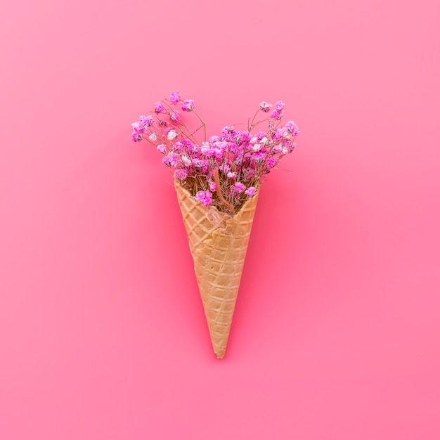 Waffle cone with pink flowers