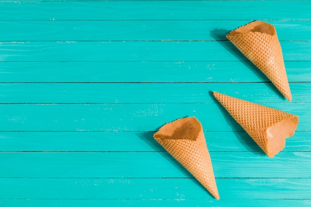 Waffle cones on table in random