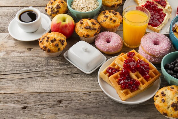 Waffles, donuts and cupcakes