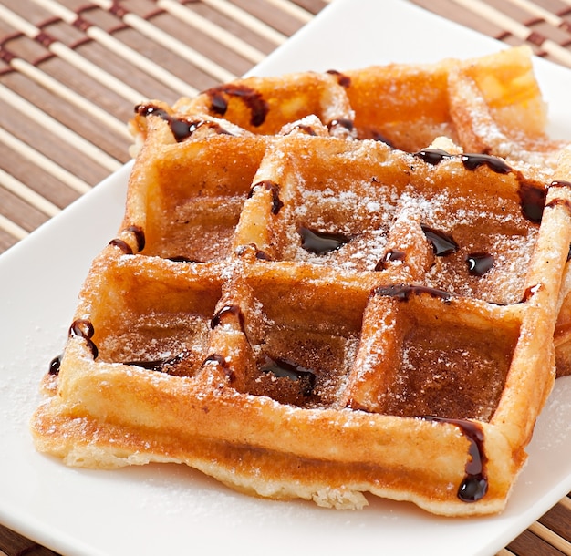 Free photo waffles with chocolate and powdered sugar