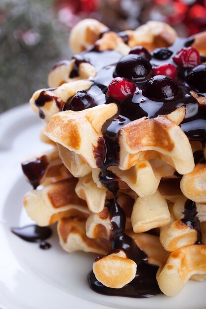 Waffles with chocolate syrup