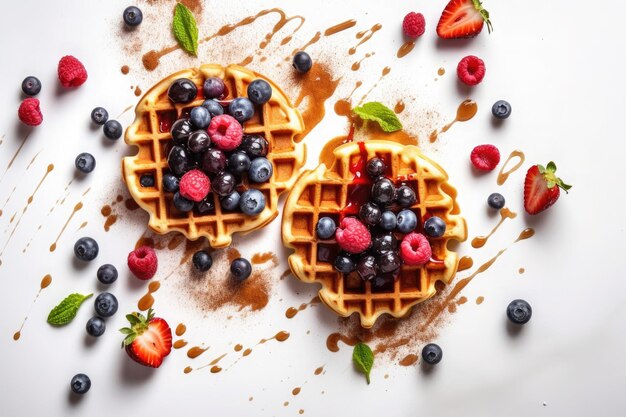 Waffles with ice cream caramel sauce and fresh berries on white background Top view Flat lay Ai generative