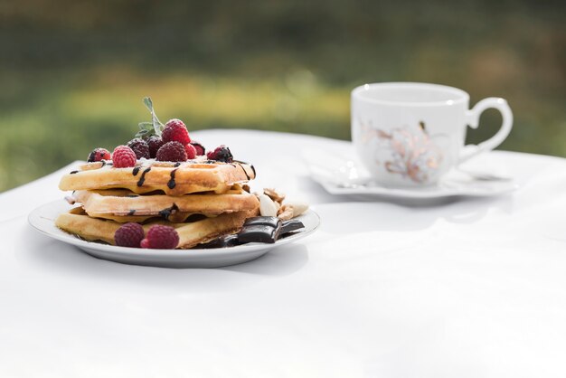 Waffles with raspberries toppings on plate and ceramic coffee on white table at outdoors