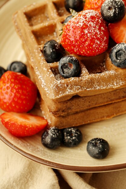 Waffles with raspberry and blueberry