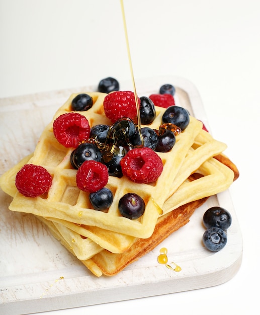 Waffles with raspberry and blueberry