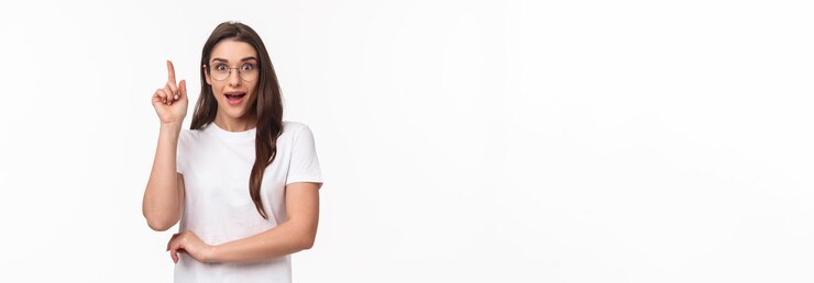 Free Photo waistup portrait of excited creative and smart talented pretty woman in glasses suggesting great ide