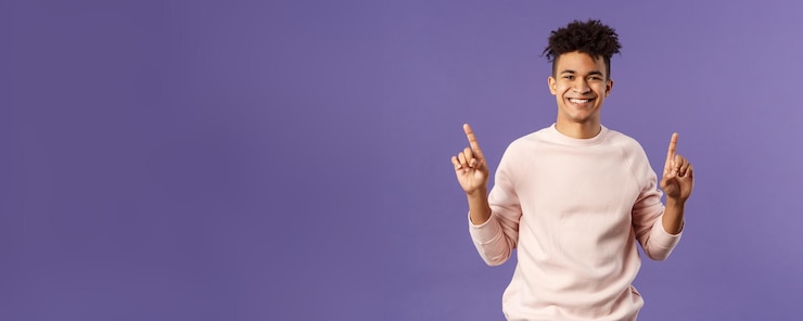 Free Photo waistup portrait of joyful goodlooking hispanic man with dreads promoting product or company banner