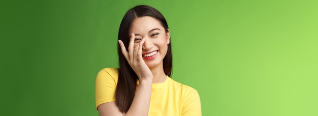 Waistup sincere happy cheerful tender feminine asian woman brunette laughing carefree smiling enjoy