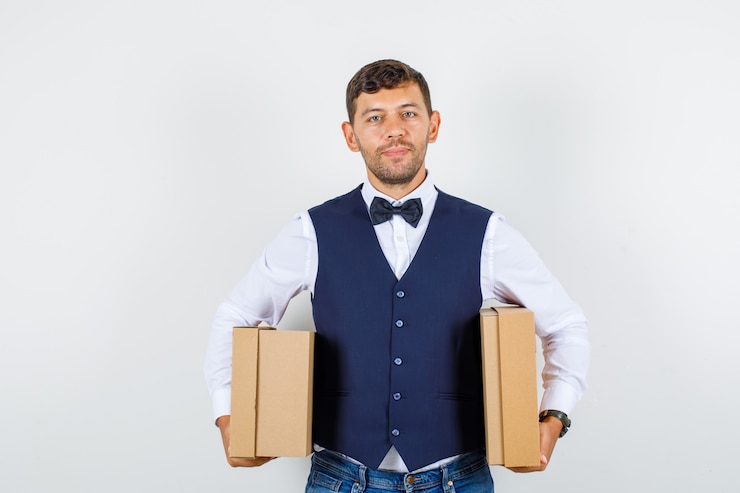 Free Photo waiter holding cardboard boxes and smiling in shirt, vest, jeans , front view.