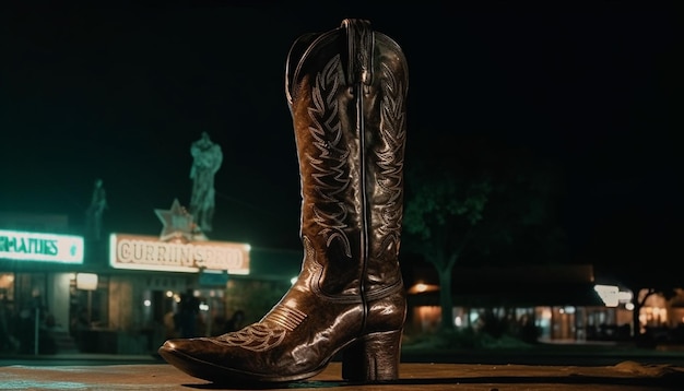 Free photo walking men in leather boots illuminated nightlife sign generated by ai