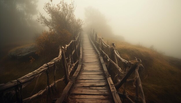 Walking through foggy forest on footpath bridge generated by AI