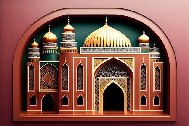 A wall art with a mosque and a dome