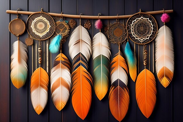A wall of feathers with a dream catcher on it