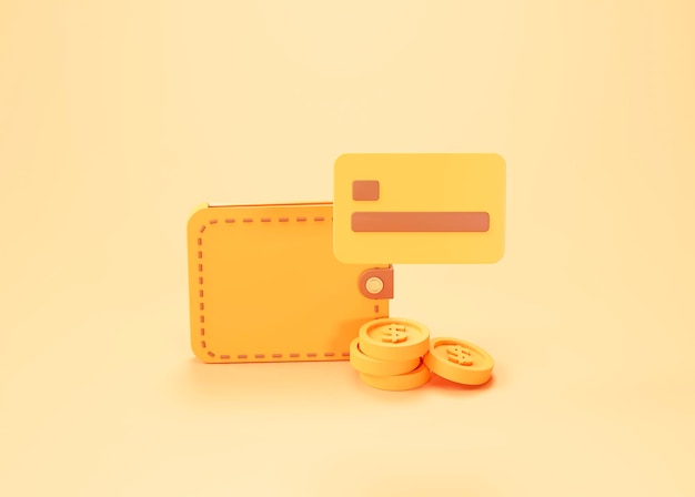 Free photo wallet and credit card with coin money online shopping and payment concept on orange background 3d rendering