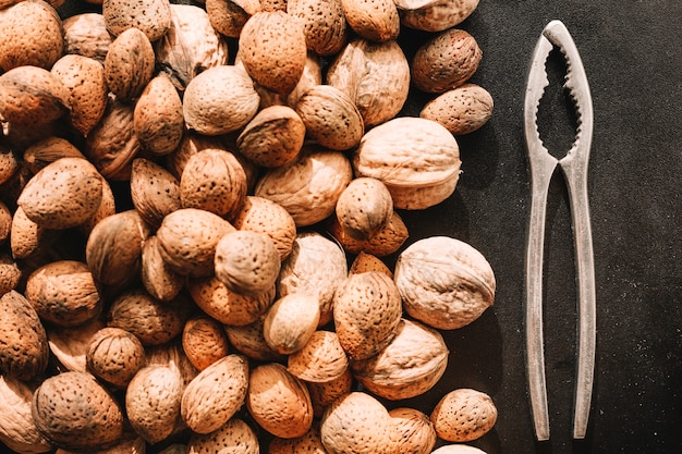 Walnuts in shells and nut mill